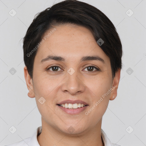 Joyful white young-adult female with short  brown hair and brown eyes