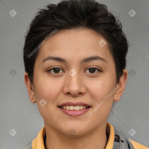 Joyful white young-adult female with short  brown hair and brown eyes