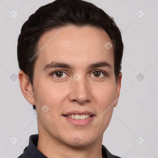 Joyful white young-adult male with short  brown hair and brown eyes