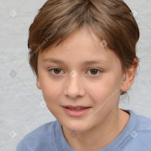 Joyful white child female with short  brown hair and brown eyes