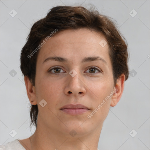 Neutral white young-adult female with short  brown hair and brown eyes