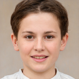 Joyful white child female with short  brown hair and brown eyes