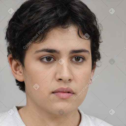 Neutral white young-adult female with short  brown hair and brown eyes