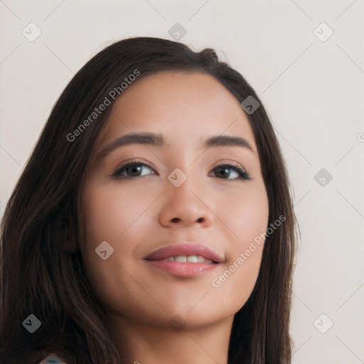 Joyful asian young-adult female with long  brown hair and brown eyes