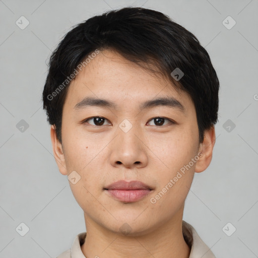 Neutral asian young-adult male with short  black hair and brown eyes