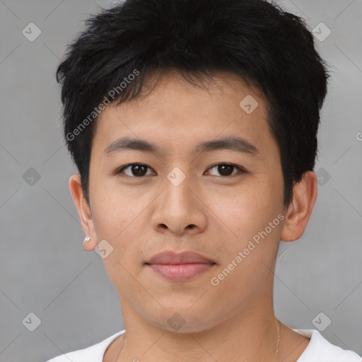 Neutral asian young-adult male with short  black hair and brown eyes