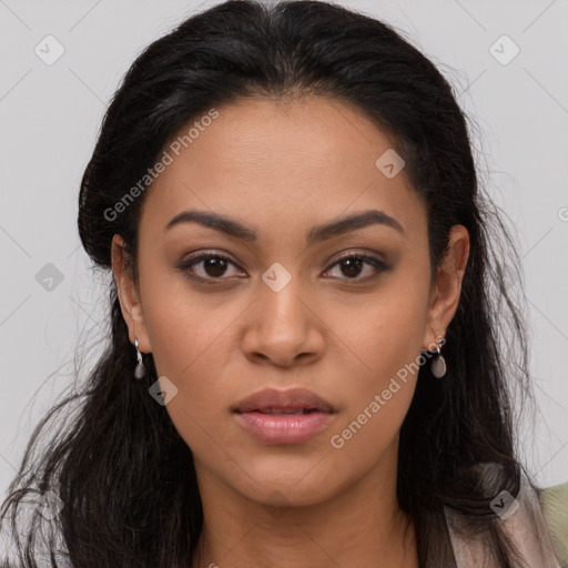 Joyful latino young-adult female with long  brown hair and brown eyes