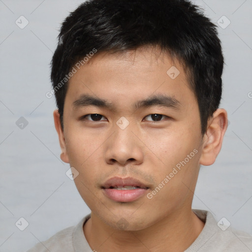 Neutral asian young-adult male with short  black hair and brown eyes