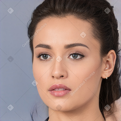 Neutral white young-adult female with long  brown hair and brown eyes