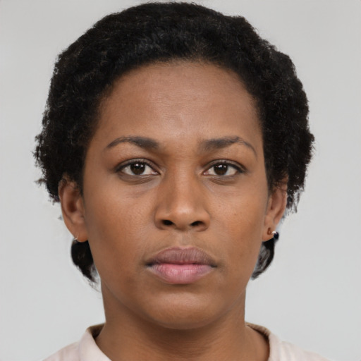 Neutral latino young-adult female with short  brown hair and brown eyes