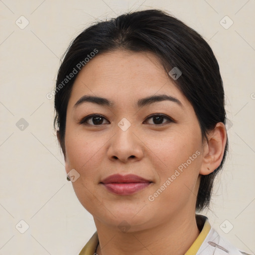 Joyful asian young-adult female with medium  brown hair and brown eyes