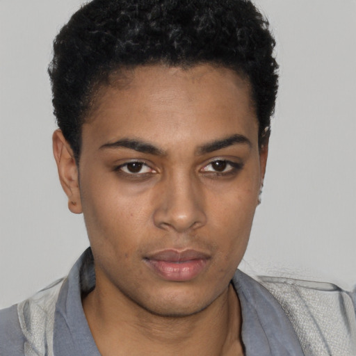 Neutral black young-adult female with short  black hair and brown eyes