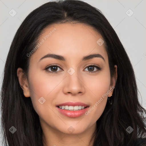 Joyful white young-adult female with long  black hair and brown eyes