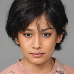 Neutral asian young-adult female with medium  brown hair and brown eyes