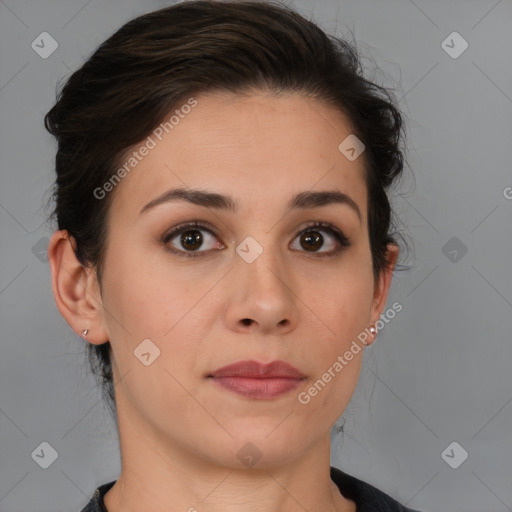 Neutral white young-adult female with medium  brown hair and brown eyes