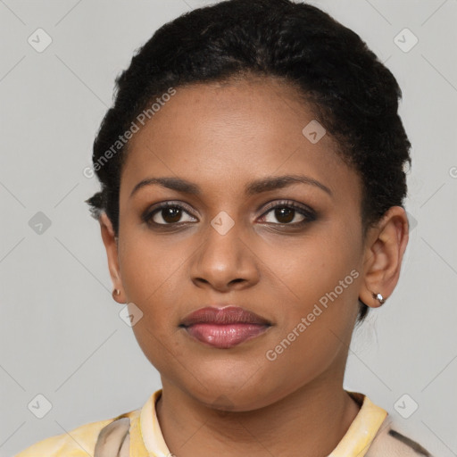 Joyful latino young-adult female with short  brown hair and brown eyes