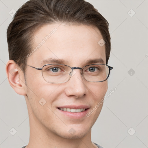 Joyful white young-adult female with short  brown hair and grey eyes