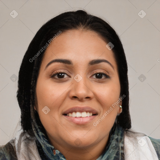 Joyful latino young-adult female with medium  brown hair and brown eyes