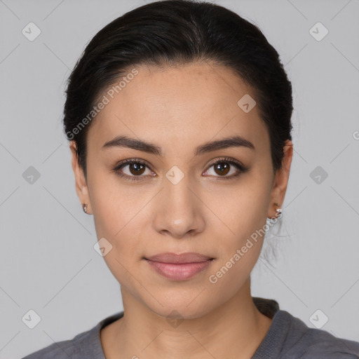 Joyful latino young-adult female with medium  black hair and brown eyes