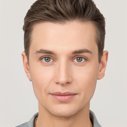 Neutral white young-adult male with short  brown hair and brown eyes