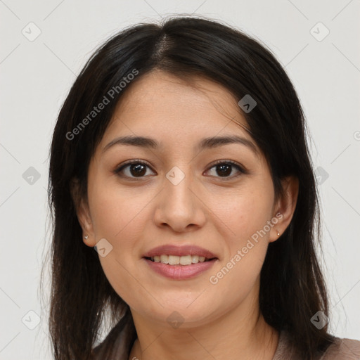 Joyful white young-adult female with long  brown hair and brown eyes