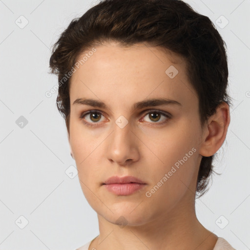 Neutral white young-adult female with short  brown hair and brown eyes