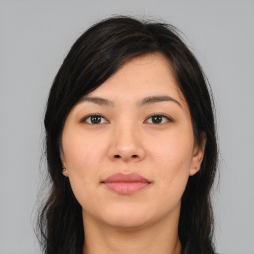 Joyful asian young-adult female with medium  brown hair and brown eyes