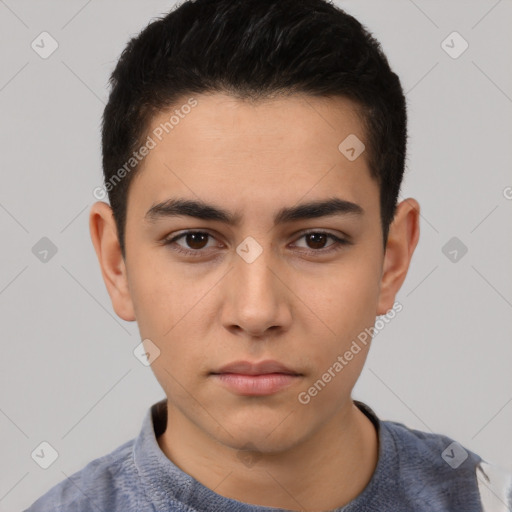 Neutral white young-adult male with short  black hair and brown eyes