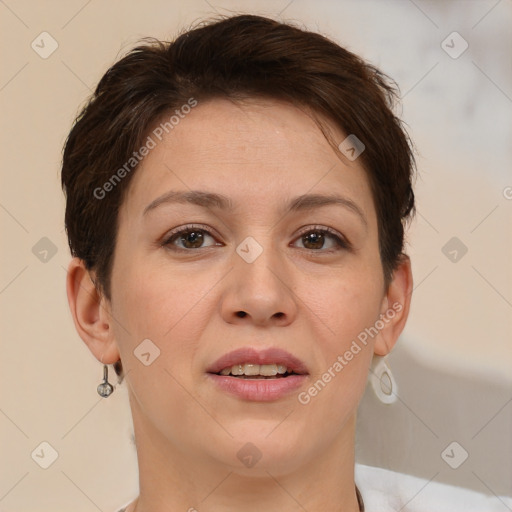 Joyful white young-adult female with short  brown hair and brown eyes