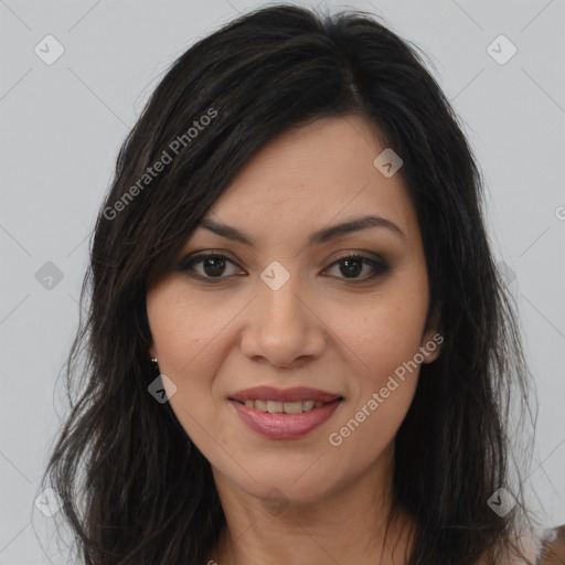 Joyful latino young-adult female with long  brown hair and brown eyes