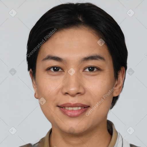 Joyful latino young-adult female with short  brown hair and brown eyes