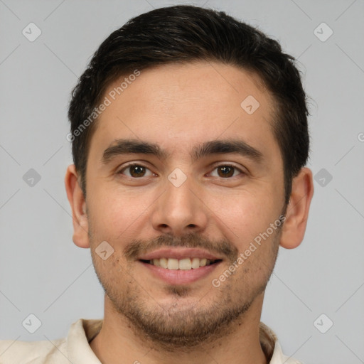 Joyful white young-adult male with short  brown hair and brown eyes