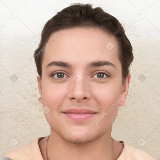 Joyful white young-adult female with short  brown hair and brown eyes