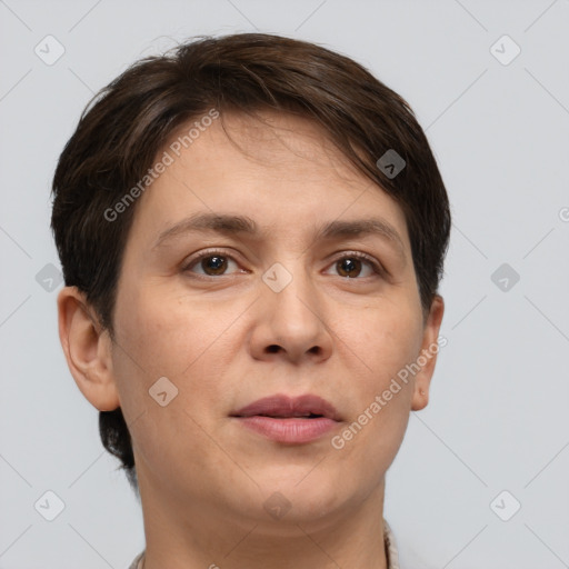 Neutral white adult female with short  brown hair and brown eyes