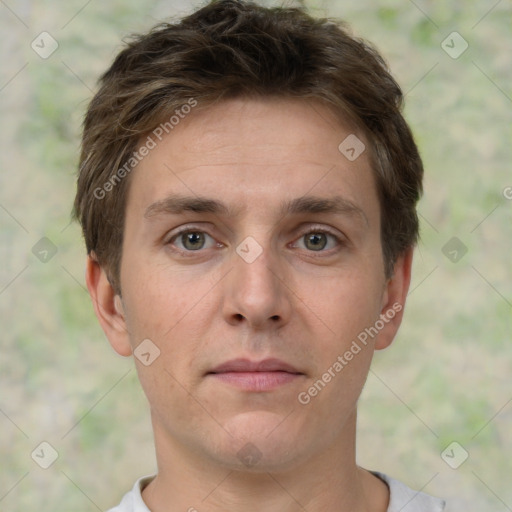 Neutral white young-adult male with short  brown hair and brown eyes