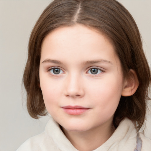 Neutral white child female with medium  brown hair and grey eyes