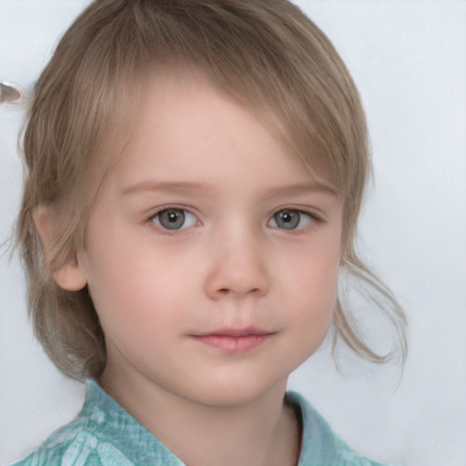 Neutral white child female with medium  brown hair and grey eyes