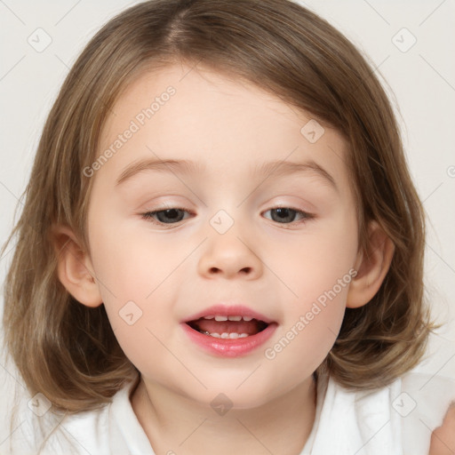 Joyful white child female with medium  brown hair and brown eyes