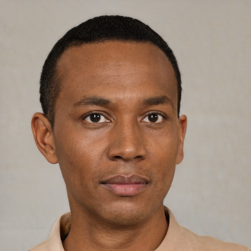 Neutral black young-adult male with short  black hair and brown eyes