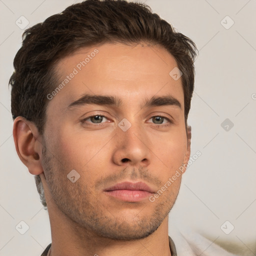 Neutral white young-adult male with short  brown hair and brown eyes