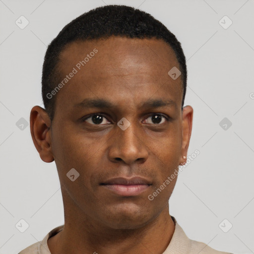 Neutral black young-adult male with short  black hair and brown eyes