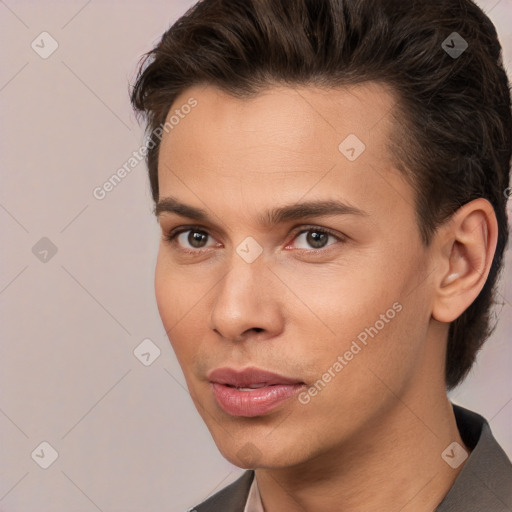 Neutral white young-adult male with short  brown hair and brown eyes