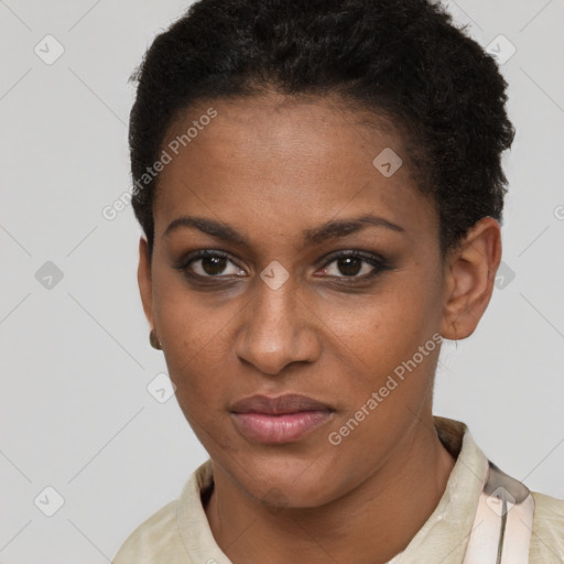 Neutral black young-adult female with short  brown hair and brown eyes