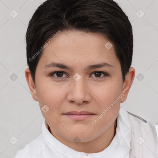 Joyful white young-adult female with short  brown hair and brown eyes