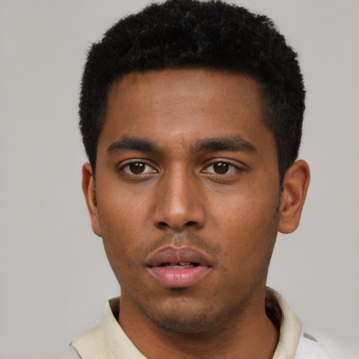Neutral black young-adult male with short  black hair and brown eyes