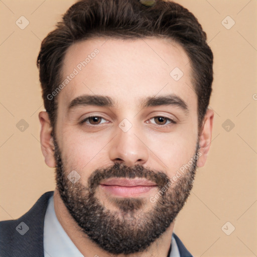Neutral white young-adult male with short  black hair and brown eyes