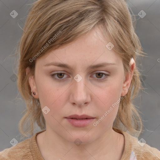 Neutral white young-adult female with medium  brown hair and grey eyes