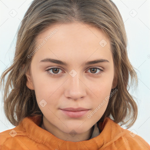 Neutral white young-adult female with long  brown hair and brown eyes