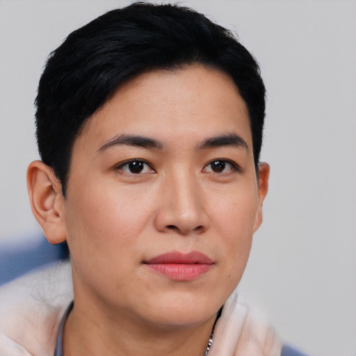 Joyful asian young-adult female with short  black hair and brown eyes