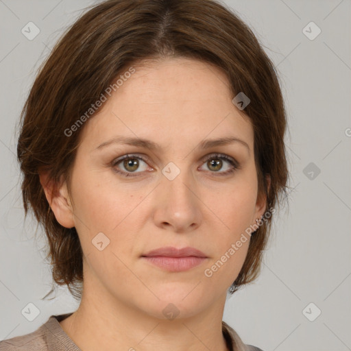 Joyful white young-adult female with medium  brown hair and green eyes